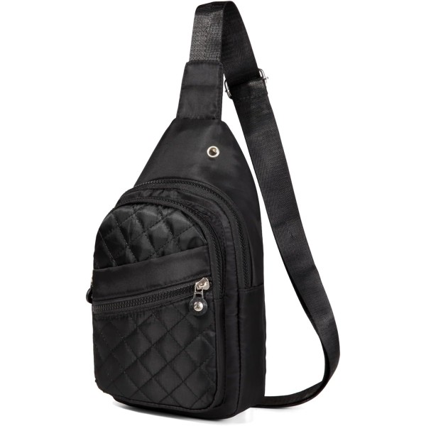 Ristiin kiinnitettävä pieni olkalaukku, reppu, laukku naisille ja miehille, rintapussi, päiväretkireppu, crossbody-laukku matkustamiseen, urheiluun, juoksuun, vaellukseen Black Quilted