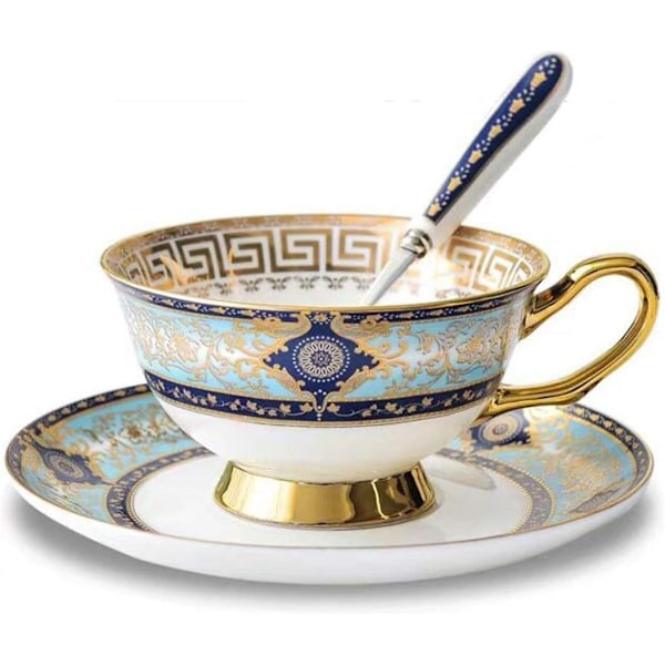 ® YBK Tech Euro Style Bone China Kop & Underkop Sæt, Keramisk Te Kaffe Kop til Hjem Køkken Bryllup (Royal Mønster - Himmelblå) Royal Pattern Sky Blue