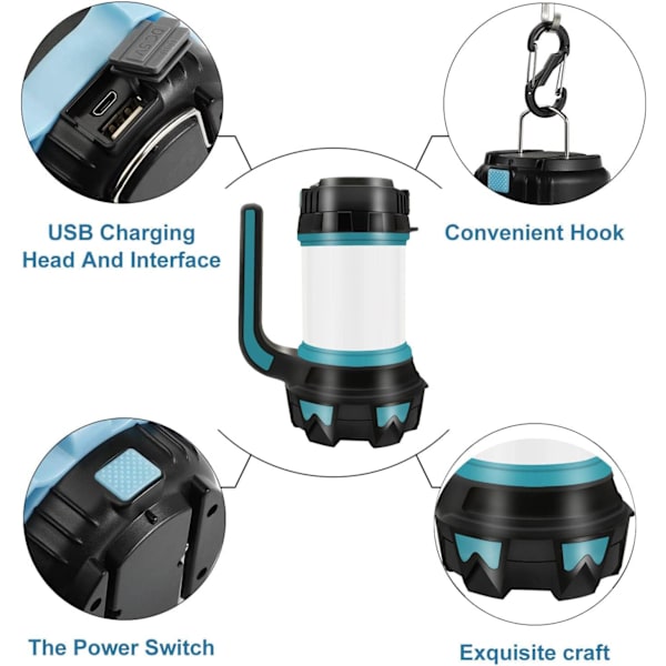 Uppladdningsbar campinglampa, campinglykta med 1000 lumen, multifunktionell LED-campinglampa med 6 lägen vattentät utomhusstrålkastare Torch Lanterns Torch Lanterns