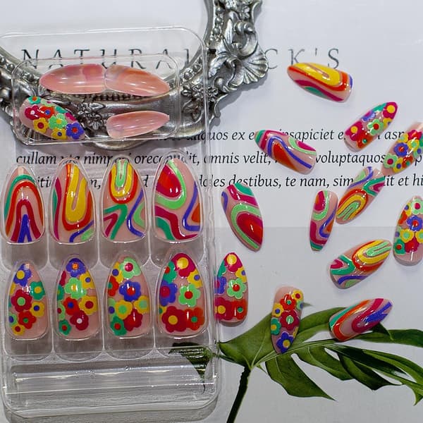 Medium Almond Press-on Nails, False Nails French Manicure with Rainbow Swirls and Floral Patterns