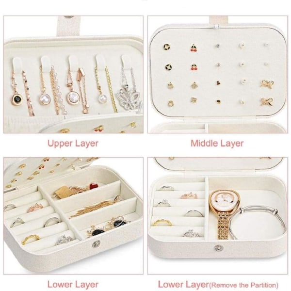Smykkeboks liten smykkeskrin reise smykkeskrin oppbevaring for kvinner jenter, premium kunstlær dobbelt lag smykkeskrin arrangør White