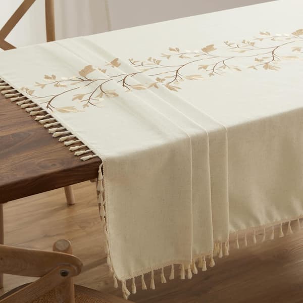 Cotton Linen Tablecloth for Dining Room Brown Leaves Rectangular Tablecloth with Beige Tassels