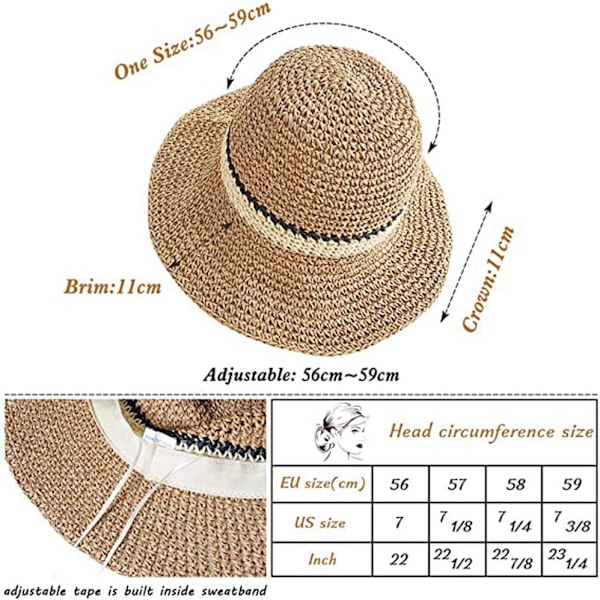 Solhatt Floppy Halmhatt Bred Brätte Fällbar UV-skydd Hink Sommar Strandhatt för Flickor Kvinnor Khaki One Size