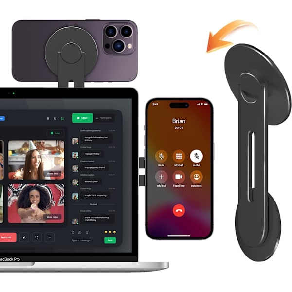 Magnetisk Laptoptelefonhållare, Justerbar Kontinuitetskamerafäste Kompatibel med MagSafe & för iOS 16 / macOS 13 Ventura, Slank Bärbar Dator ContinuityCamBlack