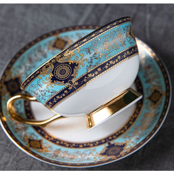 ® YBK Tech Euro Style Bone China Kop & Underkop Sæt, Keramisk Te Kaffe Kop til Hjem Køkken Bryllup (Royal Mønster - Himmelblå) Royal Pattern Sky Blue
