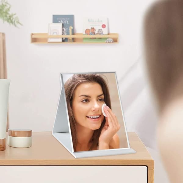 15*21cm Folding Table Mirror with PU Leather Makeup Mirror, Portable Travel Mirror, Folding Mirror with Stand Portable, White