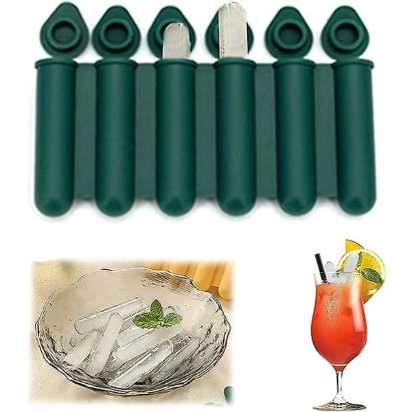 Mini isbit silikonformer med lokk (mørkegrønn), smale og lange, enkle å skyve og legge, for å lage 6 flasker med vann, egnet for å fylle flaske