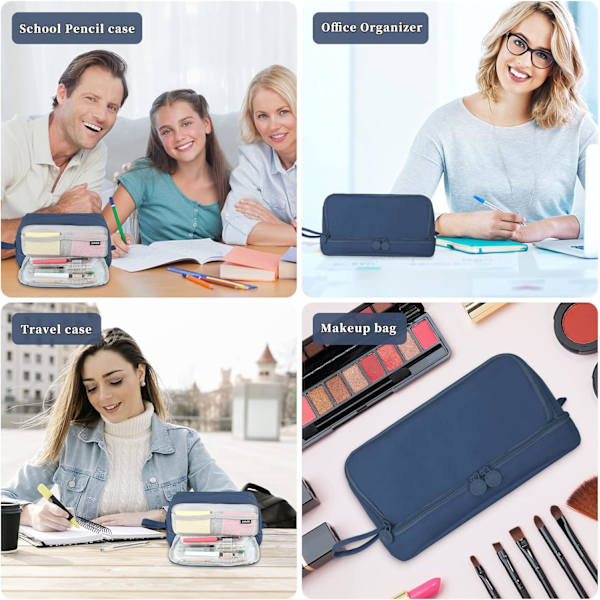 Etui, stort etui med 4 rum, brevpapirarrangør til drenge og piger, æstetisk blyantpose egnet til børn, teenagere, studerende Dark Blue