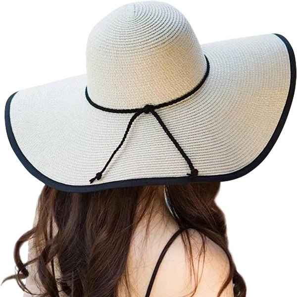 Kvinner sammenleggbar floppy bredbremmet strå solhatt sommer strandhatt UV UPF 50+ 05Style Beige