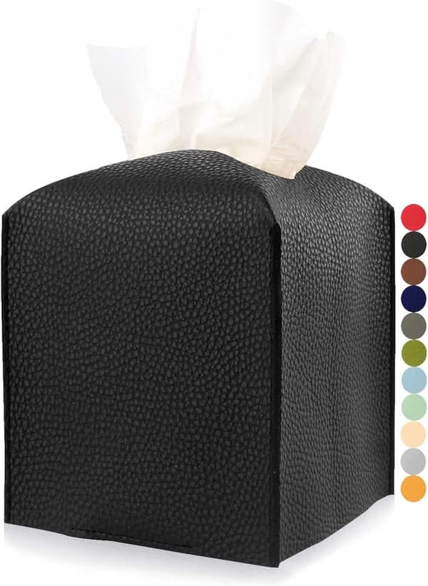 Leather Square Tissue Box Cover – with Bottom Belt Modern PU Leather Cube Tissue Box Holder