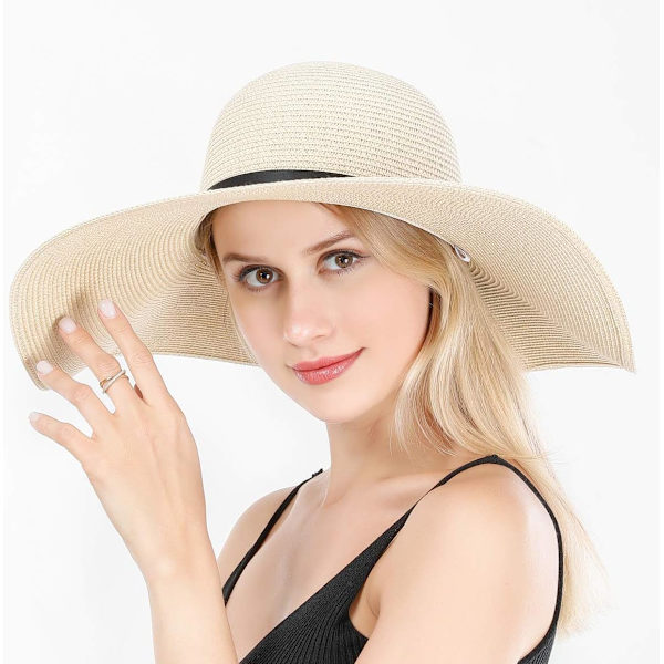 Damebred Strawhat med Bred Skygge, Foldbar, Rulbar, Strandhat, Solhat, UPF 50+ Style Lbeige