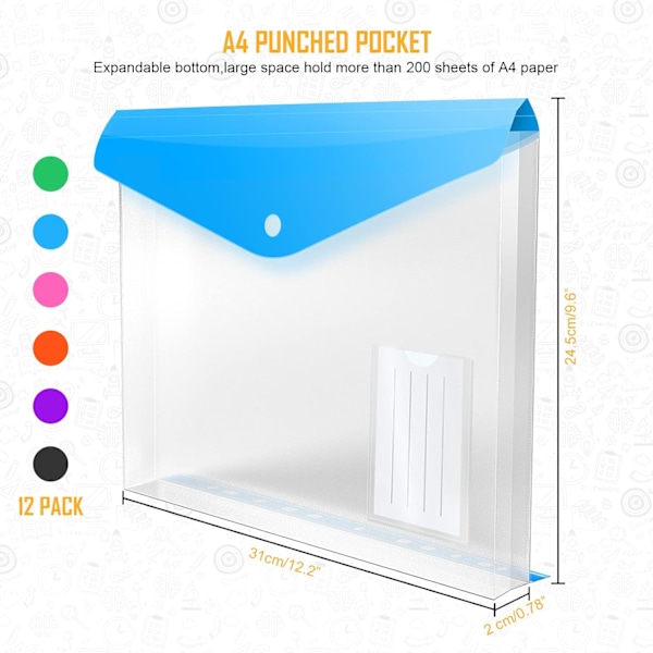ble Punched Pockets A4 Plastlommer 12 Pakke A4 Mapper Lommer Plast Dokumentfiler Popper Lommer, A4 Transparent Lomme med Trykknap en Colored Expandable