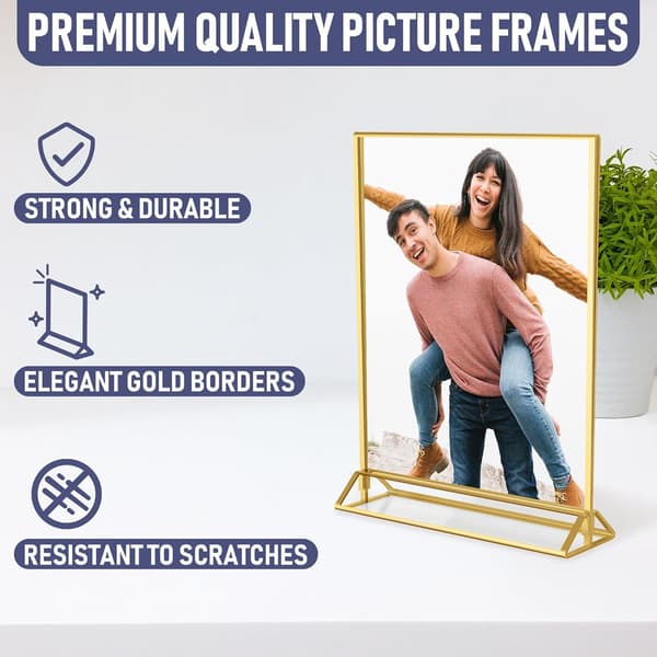 Double-Sided Gold Picture Frames - 6-Pack - A5 Acrylic Gold Table Number Holders, Clear Easel Table Stands for Signs, Gold Frames