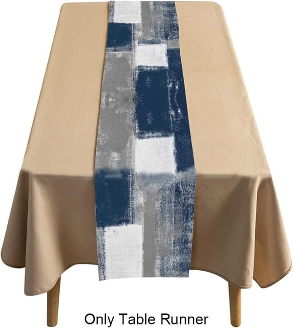 European Style Table Runner, Blue and Grey Table Runner, Rustic Abstract Art Painting Table Runner for Dinner Table, Parties and Holiday Decoration