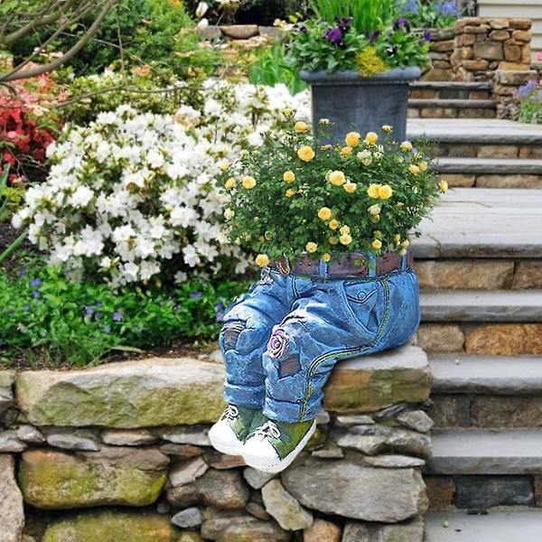 Hartsblomkruka i Resin med Denim-Design Dekorativ Planteringskruka för Utomhus & Inomhus Gräsmatta Dekoration Sitthörna Trädgårdsplanteringskruka Trädgård Resin Skulptur Jean Pla