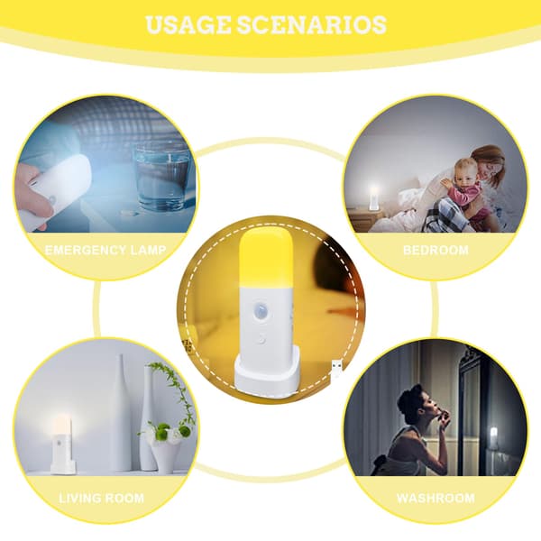 2 st Uppladdningsbara Rörelsesensor Nattlampor, 2000mAh USB-driven med 5 Ljusstyrkenivåer för Sovrum, Badrum