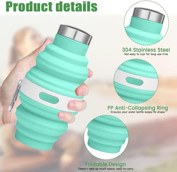 Two-piece foldable water bottle, soft silicone bottle with carabiner, travel bottle, grey, blue