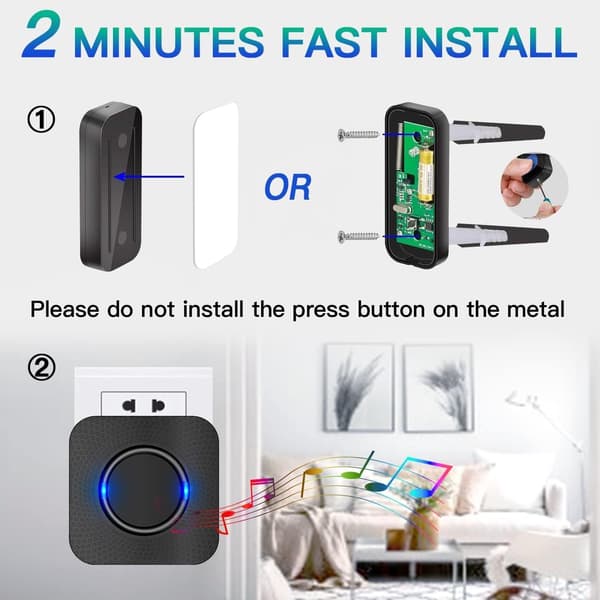 Wireless Doorbell, Cordless Doorbell with Long Range, Wall Socket, Battery Powered Button