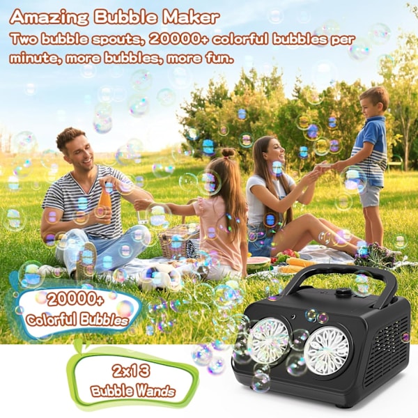 Automatisk bubbelmaskin, professionell bubbelmaskin 2 lägen för barn 20000+ bubblor/min, 26 hål bärbar elektrisk bubbelblåsare leksaker med 120 ml så Black
