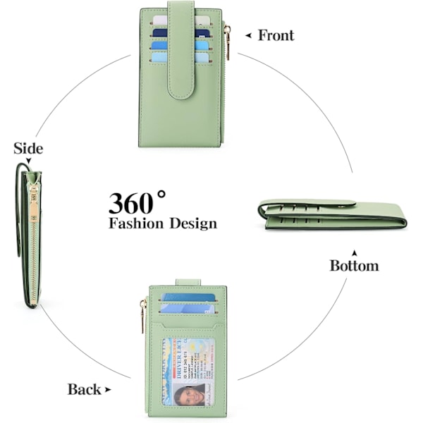 Ohut luottokorttikotelo naisille, nahkainen bifold RFID-estolaukku, monikorttikotelo, vetoketjullinen kolikkopussi, jossa on ID-ikkunat Green