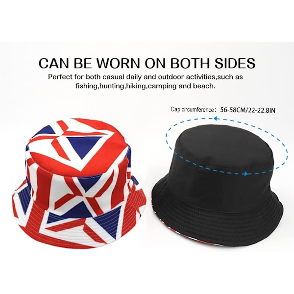 Söpö ämpärihattu rannan kalastajanhatut naisille, kääntyvä kaksisuuntainen kulutus Union jack Large