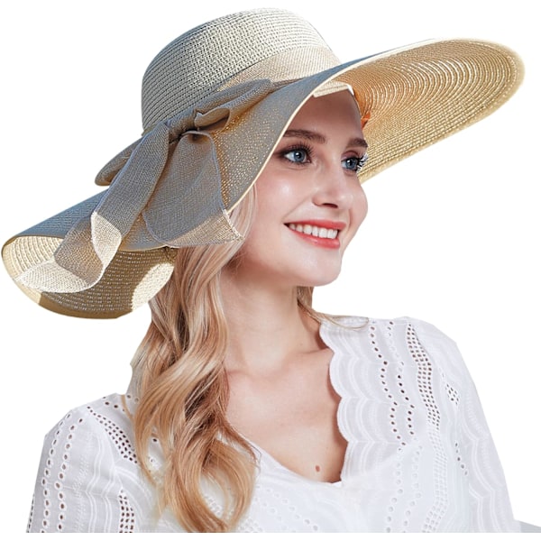 Dam bredbrättad halmhatt Floppy hopfällbar rulla upp keps strand solhatt UPF 50+ 08BBowTieBeige