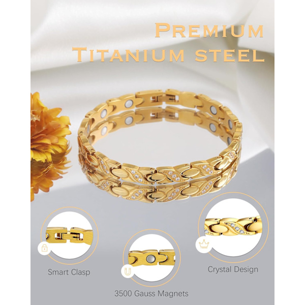 Magnetiskt armband i titanstål för kvinnor, justerbar längd, kristalldesign, magnetiskt armband med starka magneter för kvinnor, med storleksverktyg och smyckesask Gold