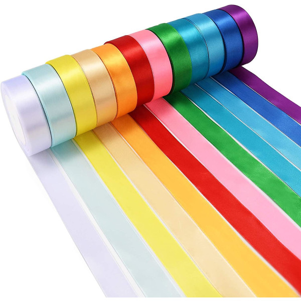 12 farve satin bånd ruller 25 mm x 23 meter/rulle, dobbeltsidet polyester bånd rulle vævet bånd