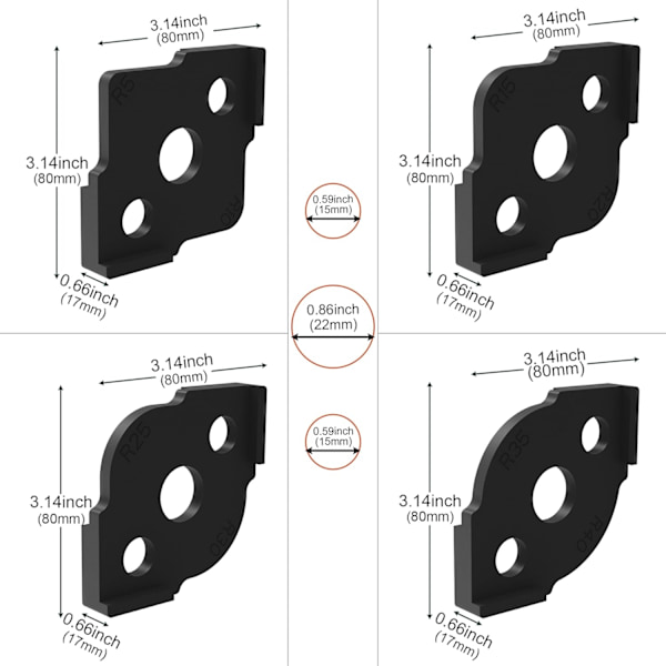 Jig Router Skabeloner Hjørne Radius Fræsning Skabeloner, ABS+CNC Høj Hårdhed Behandling Lim, Fræsning Afrundede Hjørner Fræser Skabeloner, R5 4 packs(Black)