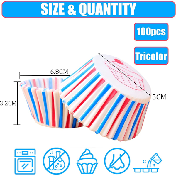 Rød, blå og hvid papir cupcake-forme, King Charles kroningsdekorationer, bagekopper, cupcake-forme til bagning, mini muffin-forme, muffin-kopper White/Red/Blue
