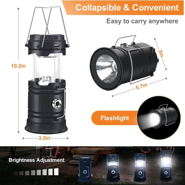 Solcelle-campinglampe, sammenleggbar LED, USB-C oppladbar, svart
