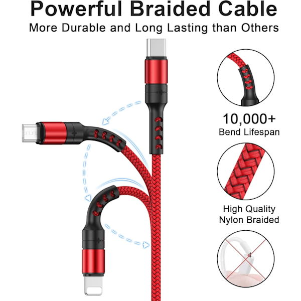 Multiladdningskabel, 3 i 1 laddningskabel 3A USB snabbladdningskabel [1,2M] Multiladdningskabel med Micro USB Typ C Lightning-kabelkontakt Red 1.2M