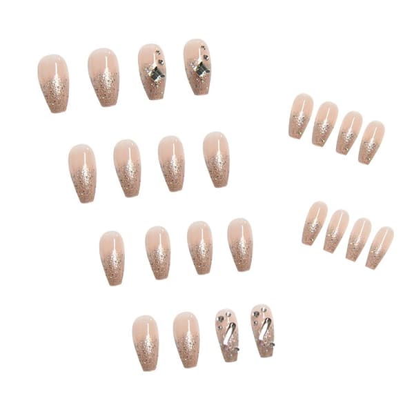 24 pcs 3D Rhinestone Coffin False Nails, Glossy Ballerina Acrylic Press-on Nails, Glitter Artificial False Nails with Glue
