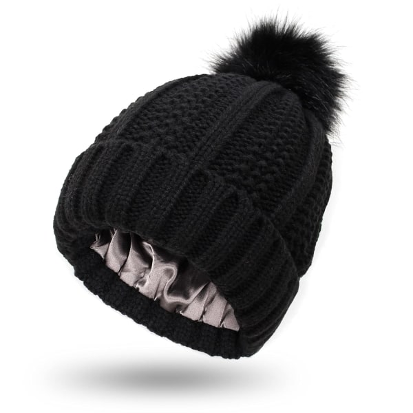 Damestrikket hue med satinfor Pom Pom vintervarmekasket Bobble Hat Hårbeskyttende Silkeagtig Stretch Strikhat, sort