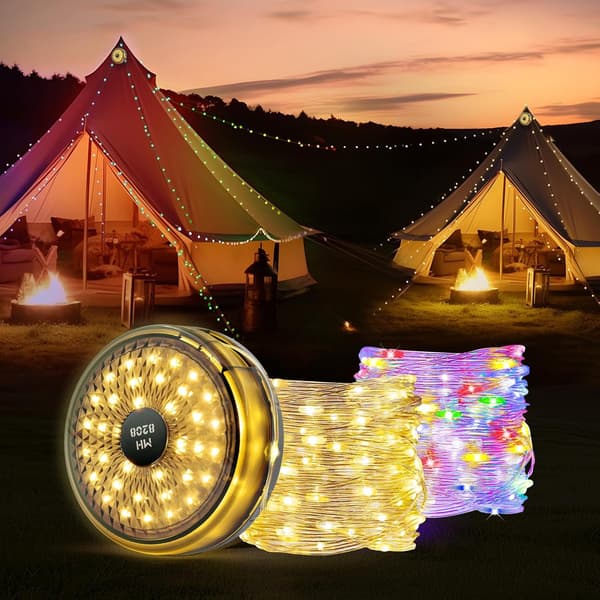 Retractable Camping String Lights, Fairy Lights Lanterns 10M with 8 Lighting Modes, Multi-color & Warm Lighting