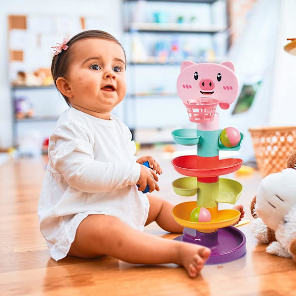 Baby Leksak 9-18 Månader, Bollkast och Rullramp Leksak för 1 Årig Pojke Flicka, Sinnesleksak för Bebisar 12 Månader, Baby Bolltorn Rulla Bollspel, 1:a B