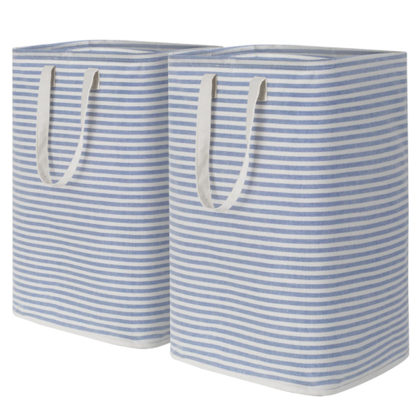 75L Sammenklappelig Vasketøjskurv, Pakke med 2, med Håndtag, til Opbevaring af Tøj og Legetøj i Soveværelse og Badeværelse Blue and white stripes