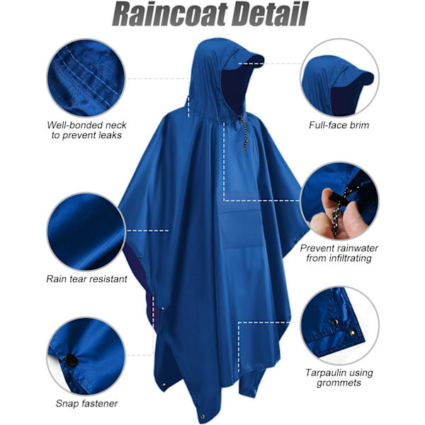 Vanntett poncho for voksne, gjenbrukbar regnponcho for voksne, vanntett poncho for voksne, lett vanntett regnfrakk for utendørs fotturer, camping C Blue L