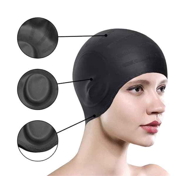 Badehette, Svømmehatt Ørebeskyttelse 3D for Kvinner, Menn, Voksen Unisex, Barn, Flott gave black