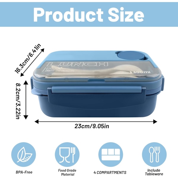 Bento Lunch Box for Adults, Leak-Proof Lunch Box with Sauce Container, Fork and Spoon
