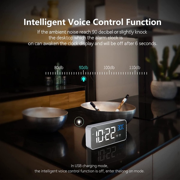 Digital väckarklocka, LED-väckarklocka med snooze-funktion, USB-portar för laddning (silverfärg)
