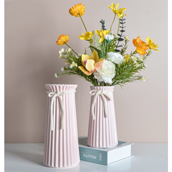 Rosa keramiska ribbade vaser för minimalistisk modern heminredning, dekorativ blomvas för bröllop Middagsbord kontorsrum - 9,5 tum / 25 CM