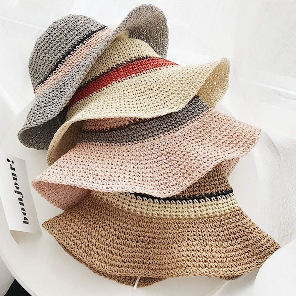 Solhatt Floppy Halmhatt Bred Brätte Fällbar UV-skydd Hink Sommar Strandhatt för Flickor Kvinnor Beige One Size