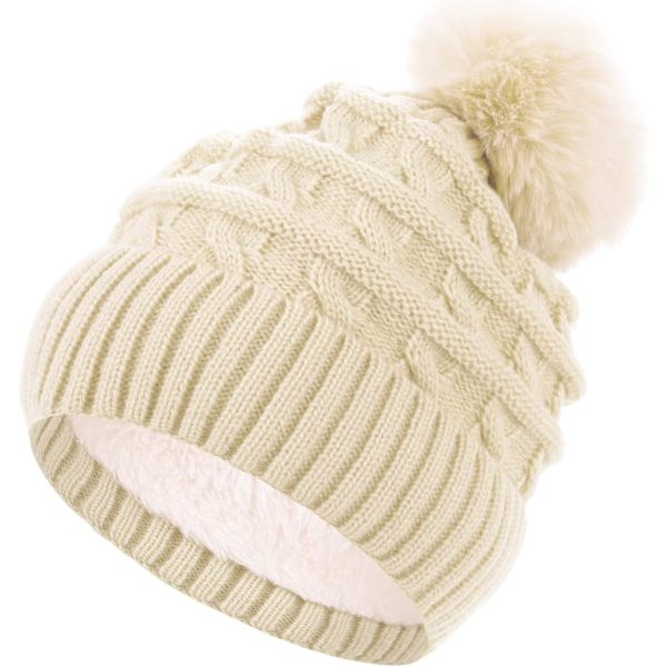 Hætte til kvinder vinter hætte hatte termisk fleeceforet hat damer strikkede uld hatte med kunstig pels pom pom White One size