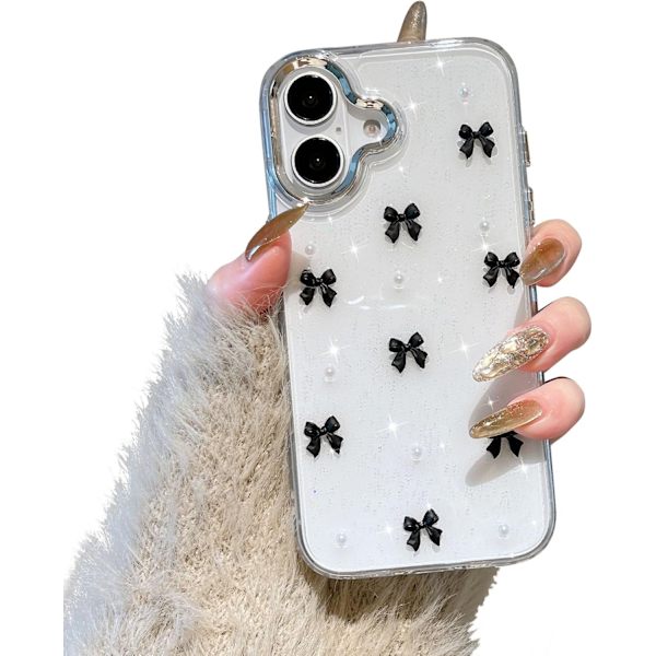 Case for iPhone 16, Bling Glitter 3D Bow Phone Case Cute Glittery Crystal Clear Bow Slim Soft Durable Protective Case Black