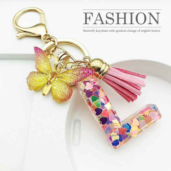 Nyckelringar i form av initialer för kvinnor Tassel Butterfly Pink Purple Cute Car Keyring för plånbok Handväskor Ryggsäck A-Z Pink L