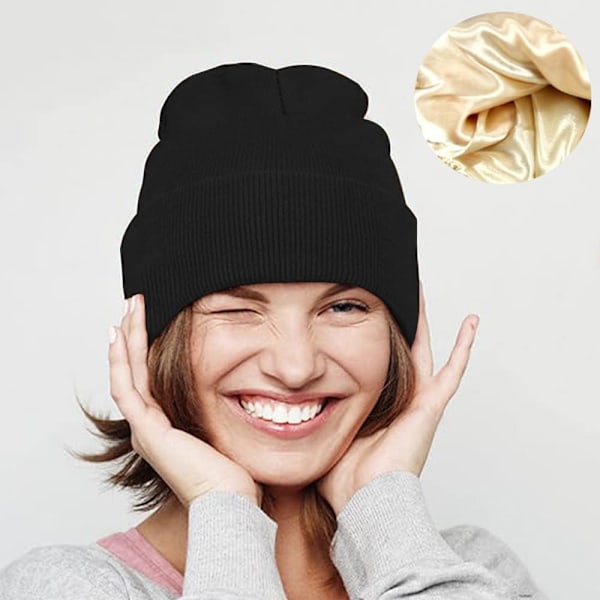 Naisten beanie-pipo, lämmin talvipipo pehmeällä satiinivuorella, löysä ja joustava neulottu pipo, suojaa hiustyylisi, hienoneuloinen pipo, tuulenpitävä reunus