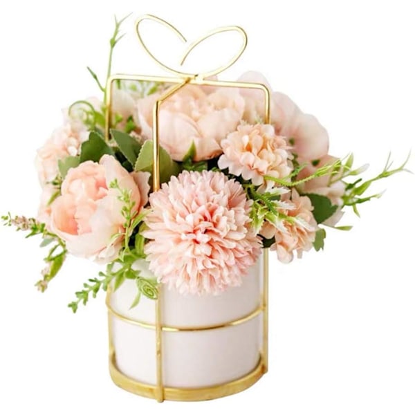 Kunstige blomster falske peon silke hortensia blomst med vase blomsterdekorasjoner for bryllupsdekorasjon bordmidtpunkter (rosa med vase Pink With Vase Set
