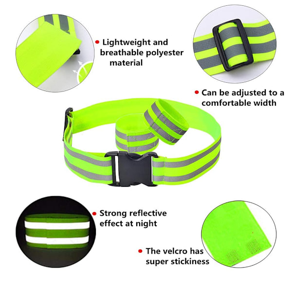 4 stk. reflekterende armbånd og ankelbånd og 1 stk. refleksbælte i høj synlighed, justerbare elastiske reflekterende løbebånd til sikkerhedsgang, cykling og jogging