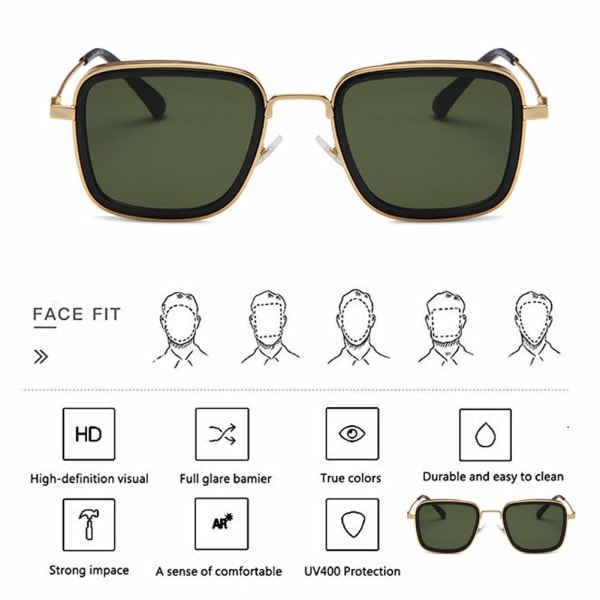 Klassiske solbriller med kvadratisk metallramme, punk mørkegrønne solbriller